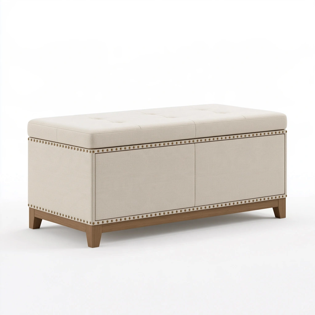 Sitztruhe 100 x 45 x 48 cm Stoff Beige mit Holzgestell gepolstert mit Stauraum
