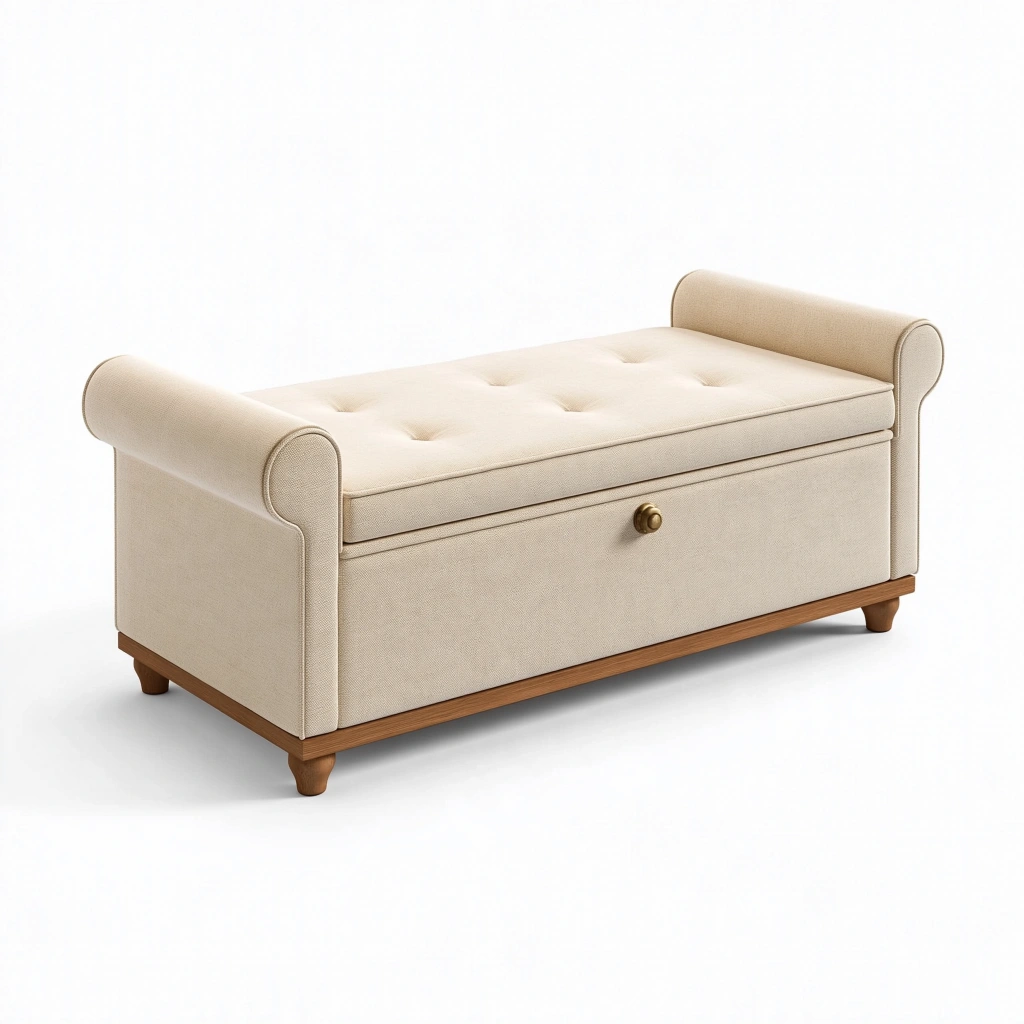 Polsterbank 120 x 45 x 62 cm Beige Stoff Holz Stauraum Klassisch