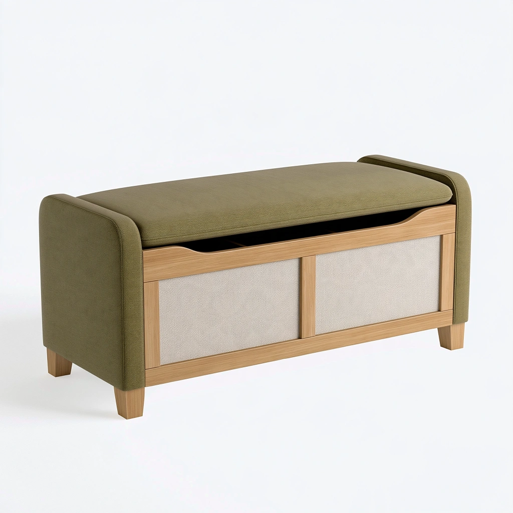 Aufbewahrungsbank 120 x 45 x 60 cm aus Holz mit Stoffbezug in Olivgrün - gepolsterte Sitzbank mit Stauraum