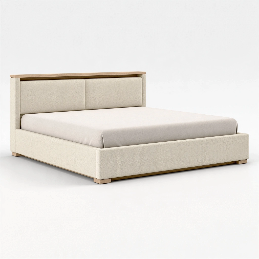 Polsterbett 160 x 200 cm Creme mit Textilbezug und Holz - modernes Doppelbett
