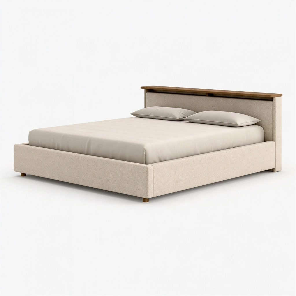 Polsterbett 180 x 200 cm Beige mit Holzdetails - modernes Doppelbett mit gepolstertem Kopfteil
