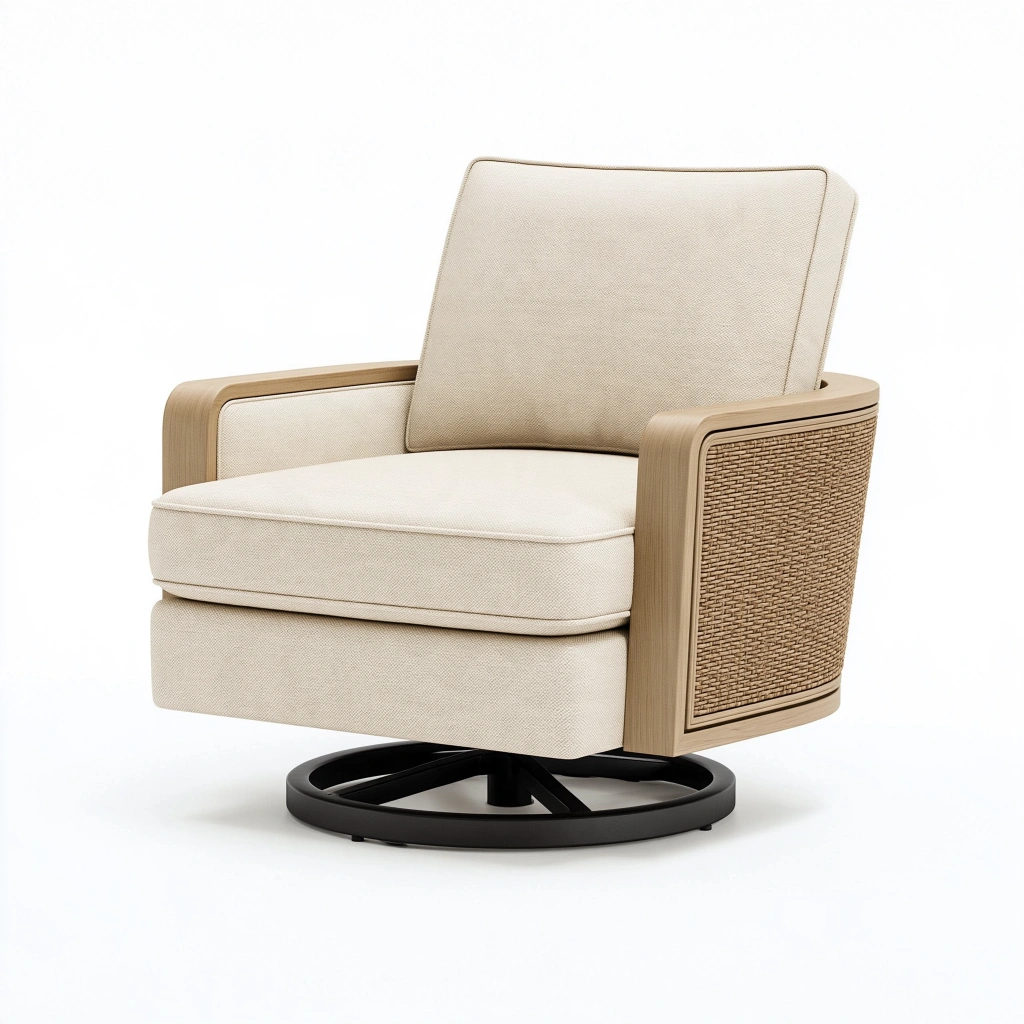 Drehsessel 82x85x90 cm Stoff Beige Holz Rattan Wohnzimmer