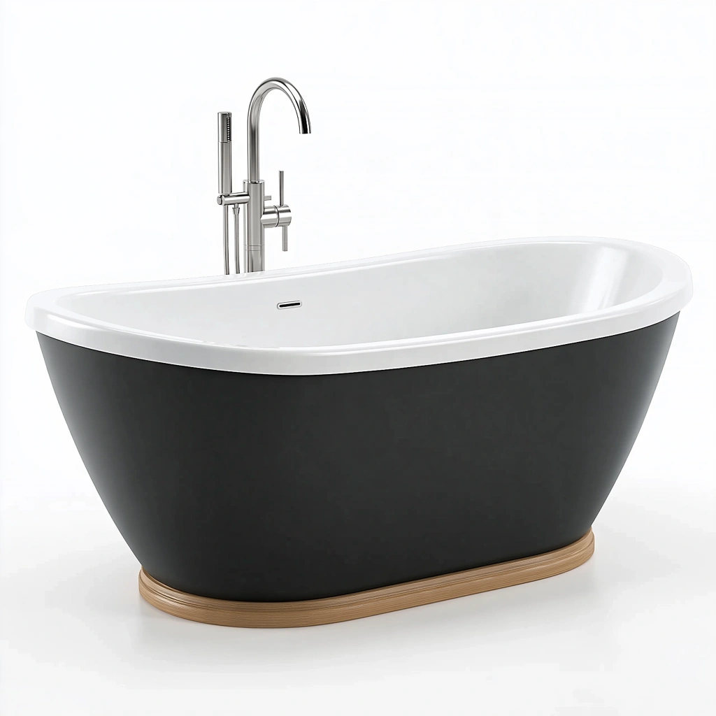 Freistehende Badewanne 170 x 80 x 75 cm aus Acryl Schwarz Weiß mit Holzsockel